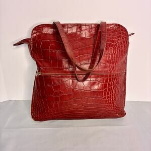 Giniluse Red Leather Italian Croc Skin Handbag Vintage Tote Purse Pockets